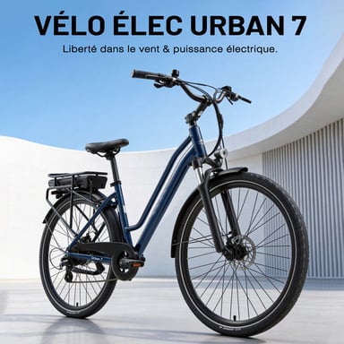 VéLo Électrique Urban 7 | Moteur 250W | Batterie 36V 12.8Ah | Pneus 700C*50C Pouces | Vitesse Max 25 km/h | Autonomie 70 km | Bleu