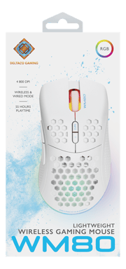 DELTACO GAMING - WHITE LINE WM80 - Mouse ottico da gioco senza fili 4800 DPI, 1000 Hz, ultra leggero, RGB, 7 pulsanti