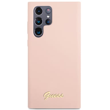 Funda Guess de silicona con logo metálico « Script » para Samsung S23 Ultra, rosa