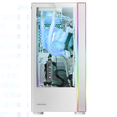 Mars Gaming MC-ULT, Caja Gaming Custom XXL E-ATX, Doble Cristal Templado 90º Sin Marco + Puerta Lateral, Soporte Completo Refrigeración Líquida, Torre PC con Diseño de Cámara Dual Vertical, Blanco