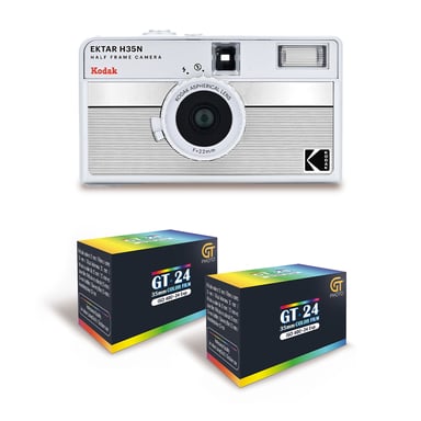 KODAK EKTAR H35N - Cámara de película de medio formato 35mm reutilizable, sin enfoque, ligera, fácil de usar - Plateado rayado + 2 carretes de película en color 35mm, 24 exposiciones