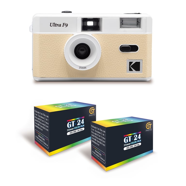 KODAK  Ultra F9 - Appareil Photo Argentique R&eacute;utilisable 35mm, Objectif Fixe 31mm F/9, Flash Int&eacute;gr&eacute;, Chargement Facile, Rembobinage Manuel - Beige + 2 Pellicules Couleur 24