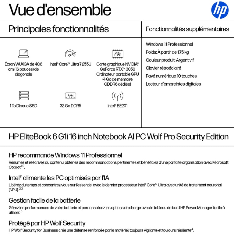 HP AD4D9ET laptop Intel Core Ultra 7 40 6 cm 16 WUXGA DDR5 SDRAM Wi Fi 7 802.11be Neuf - vue 4