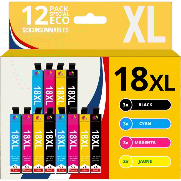 123CONSOMMABLES T18XL Cartouches d'encre Compatible avec Epson 18XL pour Imprimante Expression Home XP100 XP102 XP200 XP202 XP205 Pack 12 Neuf