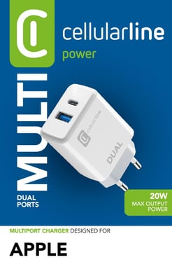 Cellularline Dual Charger - iPhone 8 o successivi Caricatore da rete con 2 porte USB e USB-C per la ricarica simultanea di due dispositivi Apple