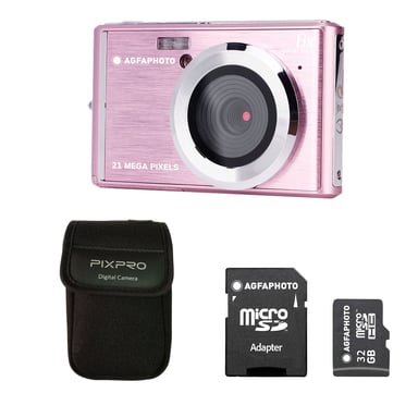 AGFAPHOTO Realishot DC5200 – Cámara Digital Compacta de 21 MP con Sensor CMOS, Pantalla LCD 2,4'', Zoom Digital 8×, Vídeo HD 720p + Tarjeta SD 32 GB + Funda Protectora – Rosa