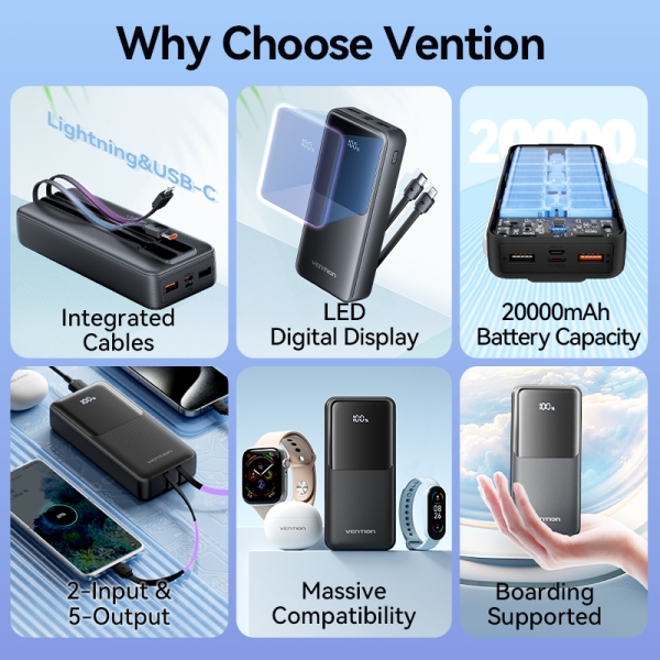 Vention Power Bank 20 000mAh Plusieurs interfaces USB Chargement rapide Câble USB C inclus Neuf - vue 2