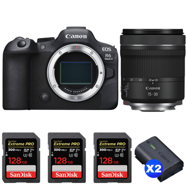 Appareil photo hybride Canon EOS R6 Mark II + RF 15-30mm f/4.5-6.3 IS STM + 3 SanDisk 128GB Extreme PRO UHS-II + 2 Canon LP-E6NH + Ebook ''20 astuces pour des images qui claquent''
