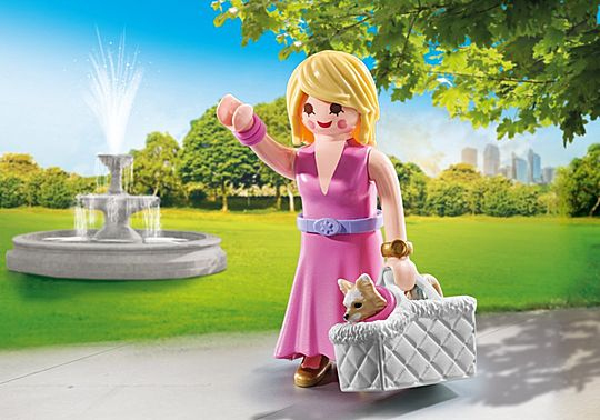 Playmobil Dame avec Chihuahua et panier transport