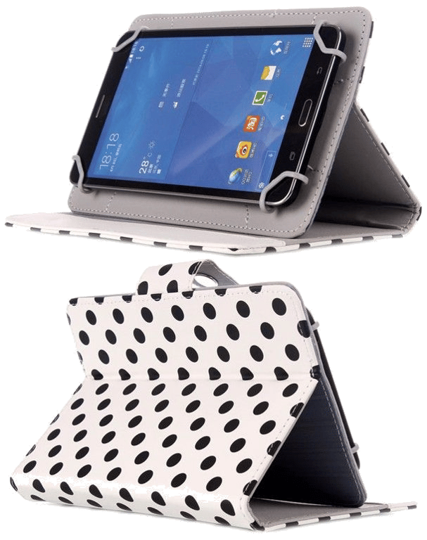 Housse Universelle Tablette Tactile 7 Pouces Blanc À Pois Noirs Rabat Pression Faux Cuir YONIS