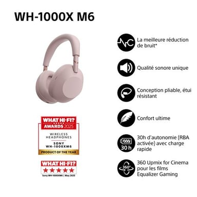 Cuffie sovraurali Sony WH1000XM6 con cancellazione attiva del rumore, rosa cipria