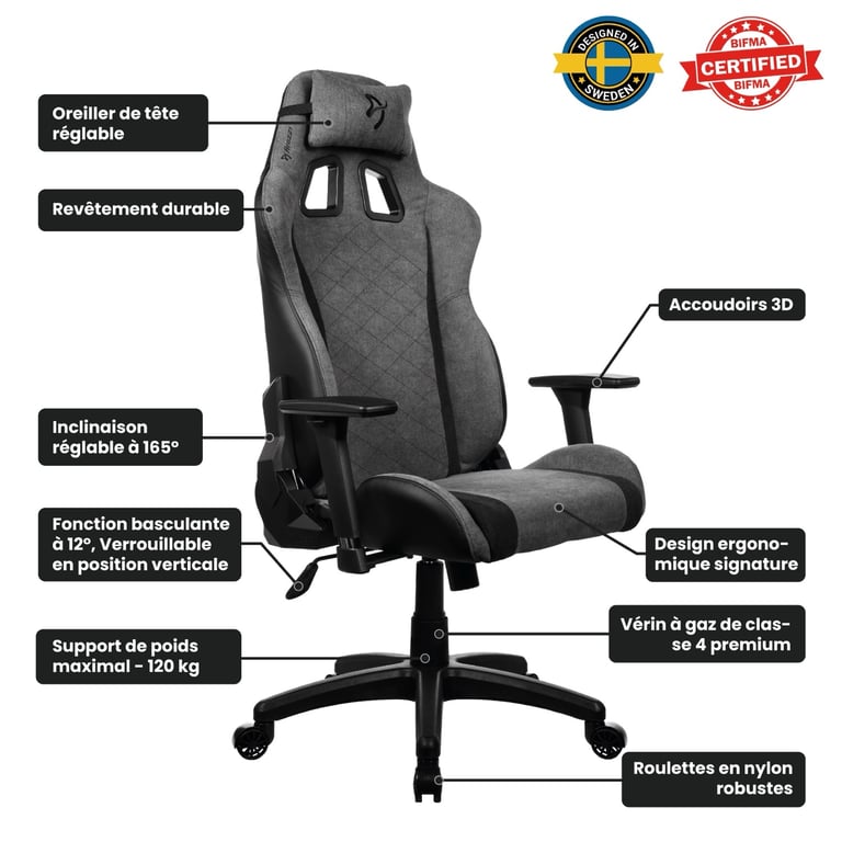 Chaise de bureau et de jeu AROZZI Avanti Tissu doux Accoudoirs 3D Support lombaire et cervical - vue 2
