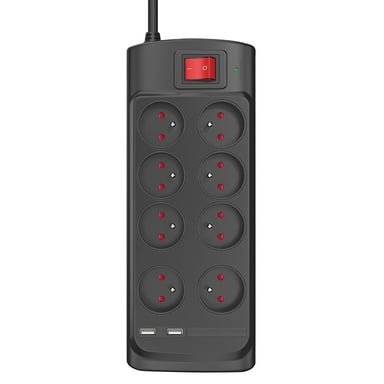 Rallonge Multiprise Parafoudre Parasurtenseur 8 Prises AC avec 2 Ports USB-A Noir