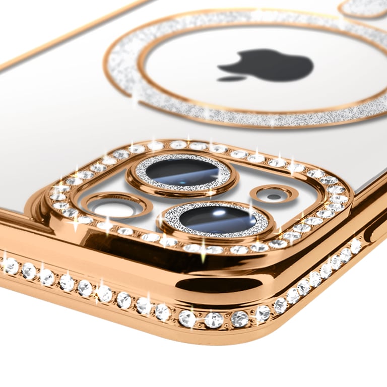 Avizar Or Coque Diamant Pour Iphone 14 Protection Magsafe Contour Strass Dorée - Neuf - Image 3