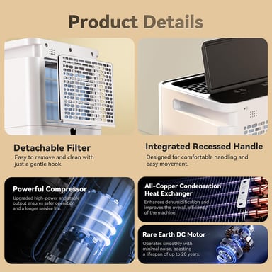 Deshumidificador Solayce PD16R-02EE con Depósito de Agua 3.2L, Ruido 35dB y Panel Táctil Inteligente