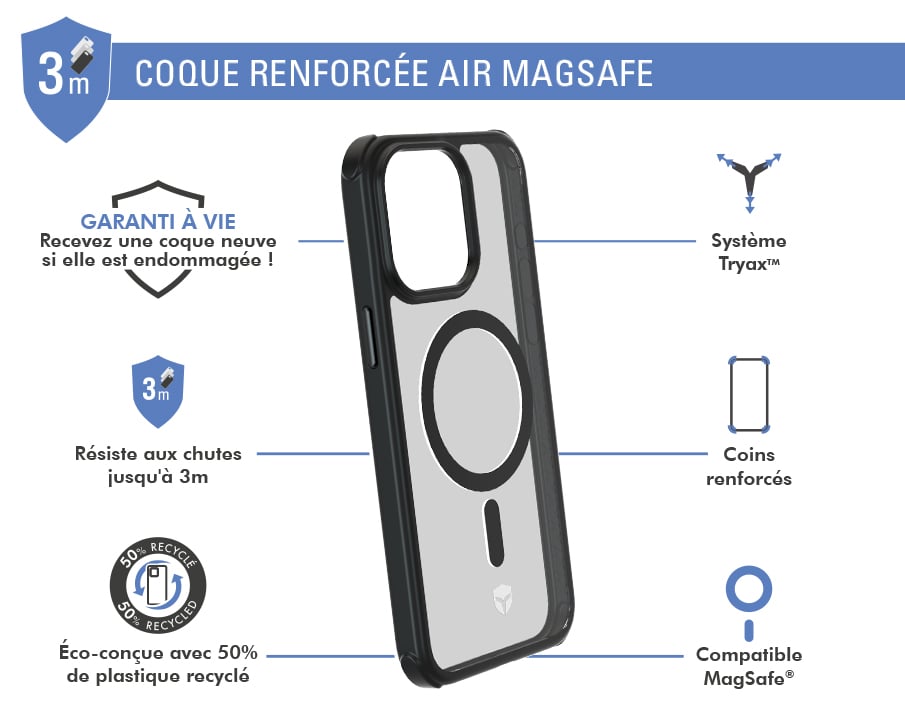 Coque Renforcée iPhone 15 Pro Max AIR FROST Compatible MagSafe Frost Noire - Garantie à vie Force Case