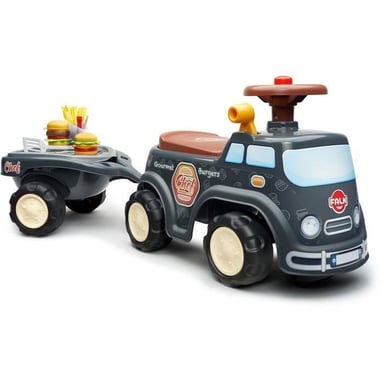 FALK Porteur Food Truck Gris avec remorque, volant klaxon et coffre sous l'assise