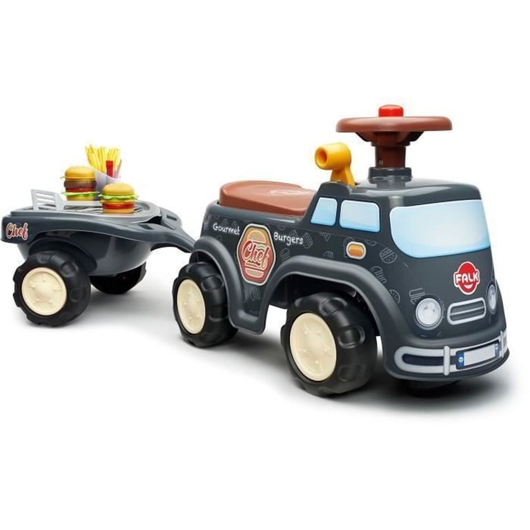 FALK Porteur Food Truck Gris avec remorque, volant klaxon et coffre sous l'assise - Neuf