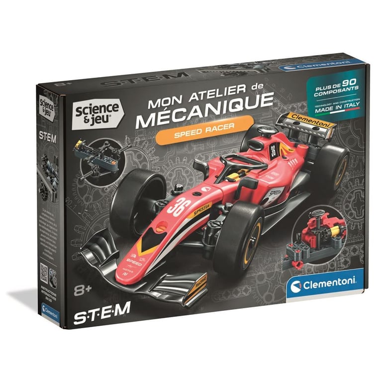 Kit de construction STEM Clementoni Speed Racer mécanique avec roues, engrenages et direction fonctionnelle Multicolore - Neuf