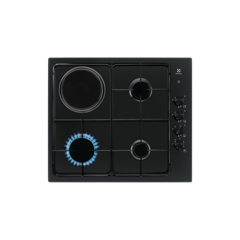 Plaque de cuisson mixte Electrolux EGL62821OB 4 foyers 3 gaz 1 électrique 7000 W Noir émaillé, manettes à droite, sécurité gaz automatique - Neuf