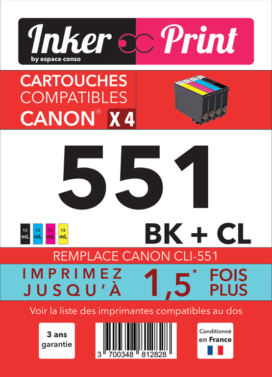 Pack de Cartouches d'encre recyclées compatibles avec CANON 551 XL (Noir et Couleurs)