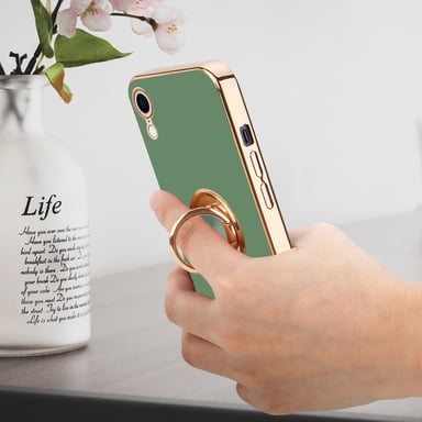 Coque pour Apple iPhone XR en Glossy Vert Clair - Or avec anneau Housse de protection Étui en silicone TPU flexible, avec protection pour appareil photo et support voiture magnétique