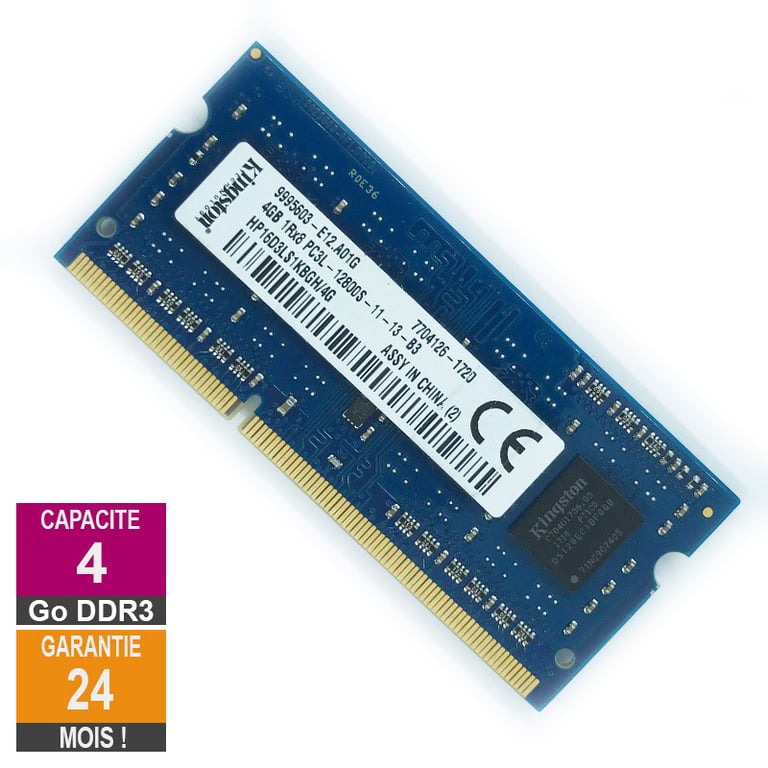 Barrette Mémoire 4Go RAM DDR3 Kingston HP16D3LS1KBGH4G SO DIMM PC3L 1Rx8 - vue 2