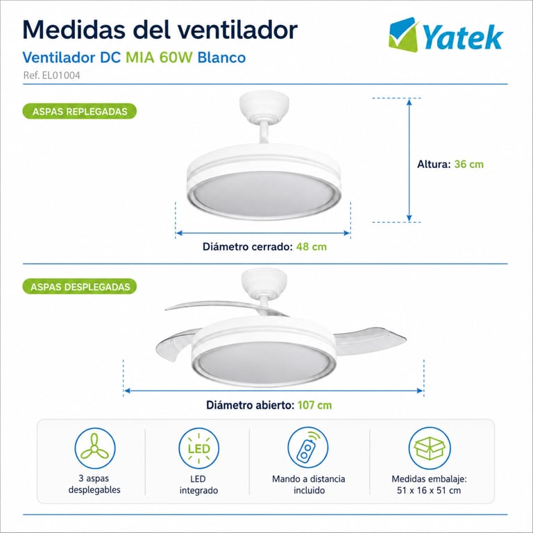 Ventilateur de plafond avec lumière LED Yatek Mia moteur DC silencieux pales rétractables invisibles 6 vitesses télécommande mode étéhiver Neuf - vue 2