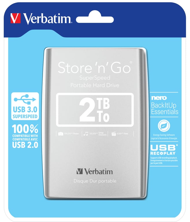 Verbatim Disque dur portable USB Store 'n' Go 3.0, 2 To, Argenté - Neuf