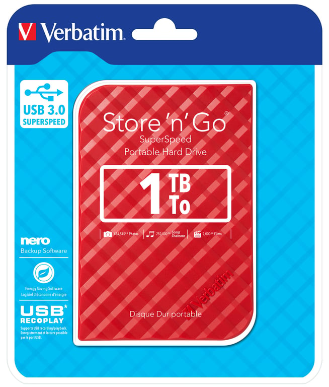 Verbatim Disque dur portable USB Store 'n' Go 3.0, 1 To - Rouge - Neuf