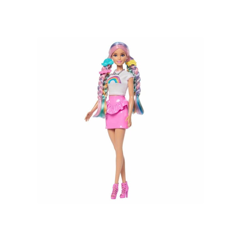 Poupée Barbie Barbie Chevelure Pailletée Cheveux multicolores scintillants, tenue arc-en-ciel, accessoires de coiffure, rose - Neuf