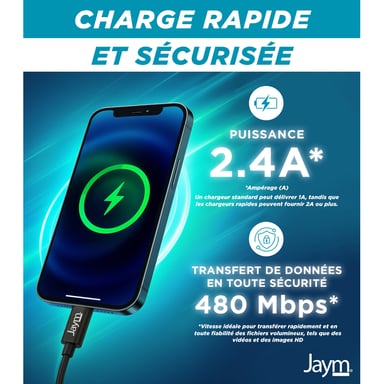 Jaym Cable de carga y sincronización de datos USB a Lightning MFI 2.4A 1M Negro