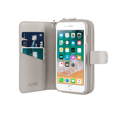 Custodia sottile rimovibile a portafoglio 2 in 1 con motivo Saffiano per Apple iPhone 6/6S/7/8/SE 2020/SE 2022, Grigio chiaro