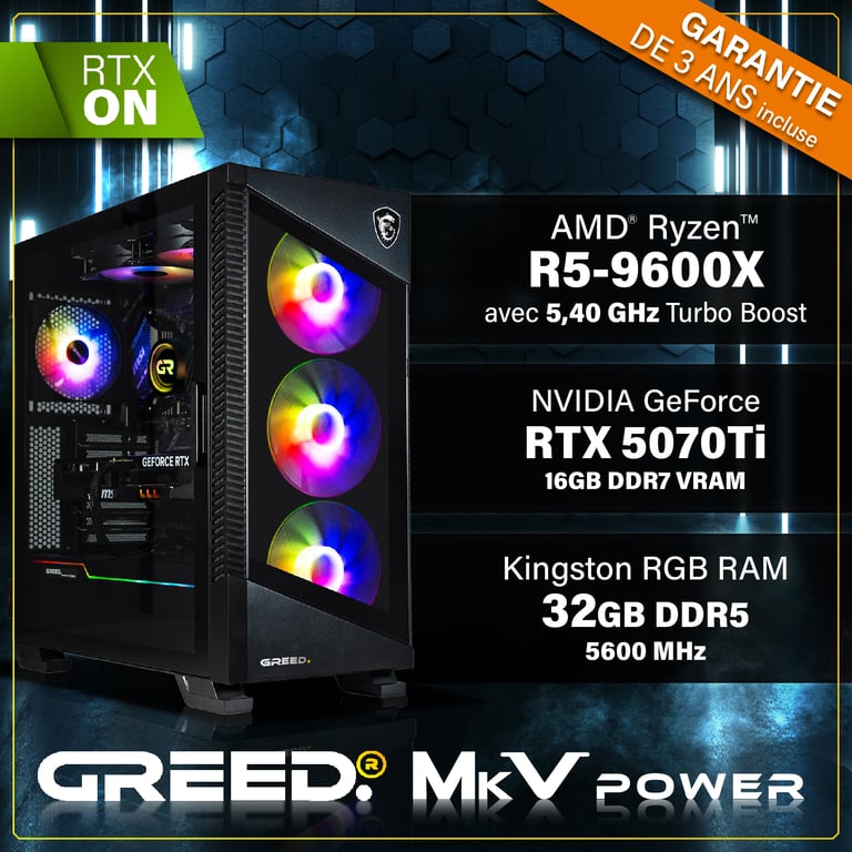 Greed MK5 Power - PC Gamer - AMD Ryzen 5 9600X - Nvidia Geforce RTX 5070Ti (16 Go) - Ultra Bureau PC Gaming - 4K & Raytracing avec 32 GO RAM DDR5 - Watercool - 1 TO SSD - Ordinateur avec WiFi + Windows 11 Pro - Neuf Noir - vue 3