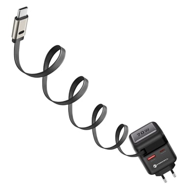 Chargeur Smartphone et Tablette 70W GaN III USB-C avec Câble Rétractable Compact Noir