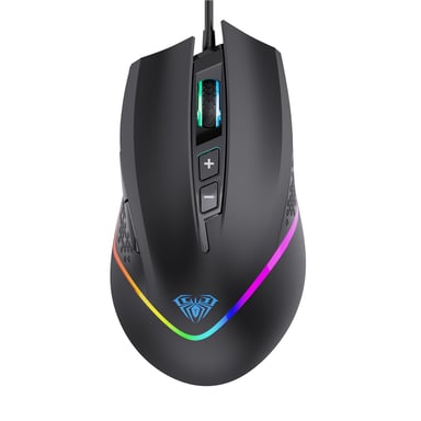 AULA F805 Souris gamer 7 boutons programmables, 6400 DPI, optique, filaire USB, 7 modes de rétroéclairage LED
