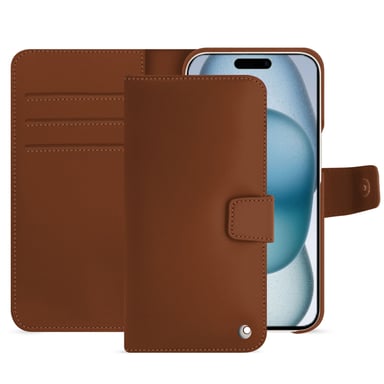 Housse cuir Apple iPhone 15 - Rabat portefeuille - Marron - Cuir lisse