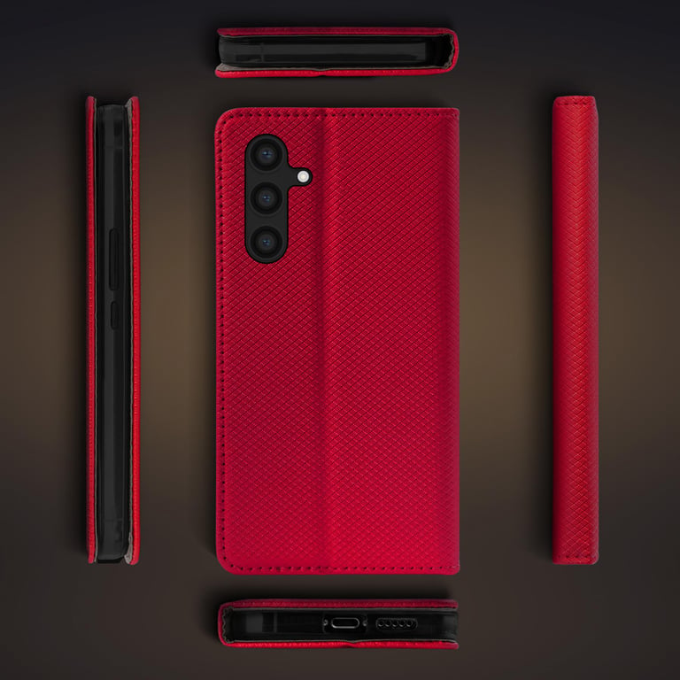 Moozy Étui à Rabat pour Samsung A54 5G, Rouge - Étui à Rabat avec Porte-Cartes et Support, Flip Cover avec Motif, Emplacements pour Cartes de Crédit, Étui Portefeuille Magnétique