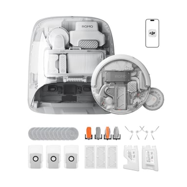 DJI ROMO P2 Clean More Combo - Aspirateur robot et laveur sans fil  GL1 IA 36 000 Pa station autonettoyante transparent - Neuf