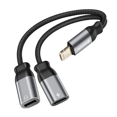 Swissten Splitter audio/carga Lightning 2en1 nylon Negro