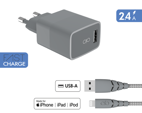 Chargeur maison 2.4A IC Smart Garanti à vie + Câble USB A/Lightning Gris - 100% Plastique recyclé Force Power