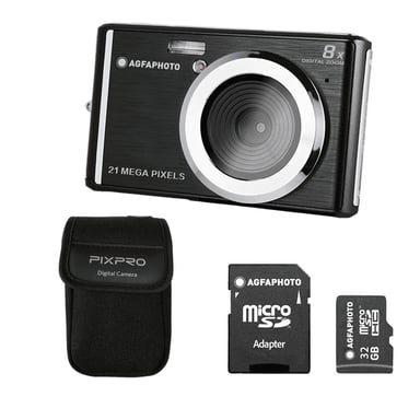 AGFAPHOTO Realishot DC5200 – Cámara Digital Compacta de 21 MP con Sensor CMOS, Pantalla LCD 2,4'', Zoom Digital 8×, Vídeo HD 720p + Tarjeta SD 32 GB + Funda Protectora – Negro