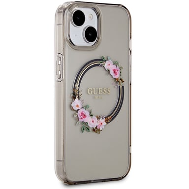 Custodia Guess IML Flowers Wreath MagSafe per iPhone 15, nera