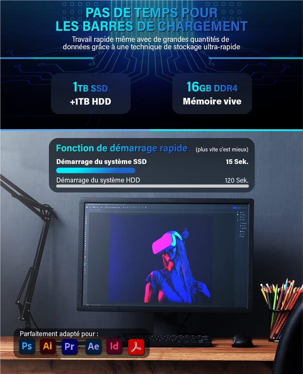 Greed Ultra V2 Office PC / Ordinateur de bureau Intel Core i7 Home Office Tour Computer avec DDR4 RAM 4 8 GHz SSD + HDD DVD+RW USB 3.1 WiFi Windows 11 Pro Neuf - vue 2