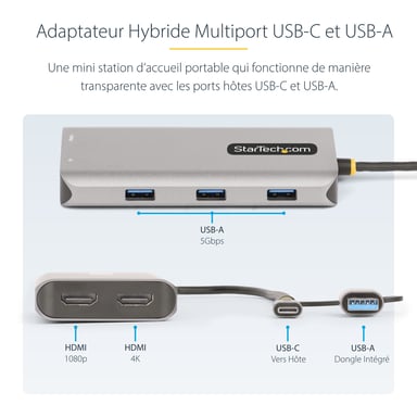 StarTech.com Adaptateur Multiport USB-C avec Dongle USB-C vers USB-A, Double HDMI (4K30Hz/1080p60Hz), 3x USB-A 5Gbps, Mini Station d'Accueil de Voyage, Dock/Station d'Accueil pour PC Portable, Câble de 40 cm