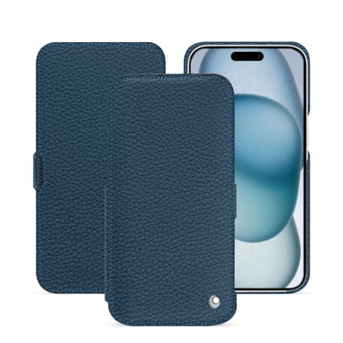 Housse cuir Apple iPhone 15 - Rabat horizontal - Bleu - Cuir grainé