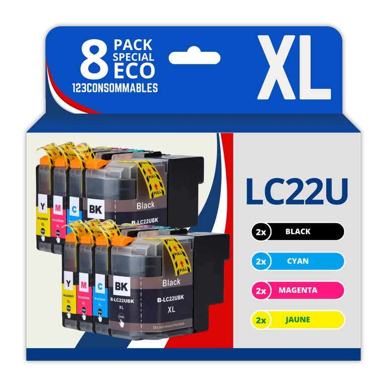 123CONSOMMABLES LC22U Pack 8 Cartouches d'encre Compatible Brother LC22UXL LC22U LC 22U LC 22UBK LC 22UC LC 22UM LC 22UY pour Brother DCP J785DW MFC J985DW 2 / 2 Cyan / 2 / 2 Jaune Neuf