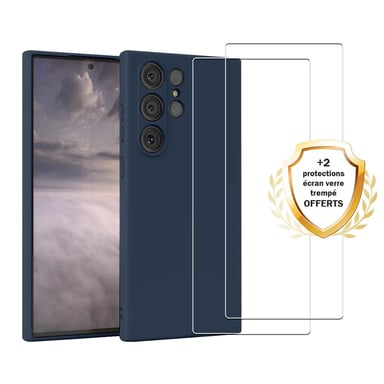 EVETANE Coque Samsung Galaxy S23 Ultra Silicone liquide Bleue Marine + 2 Vitres en Verre trempé Protection écran Antichocs