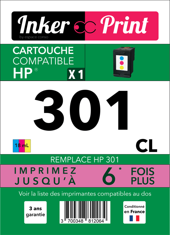 Cartouche d'encre recyclée compatible avec HP 301 XL (Couleur)