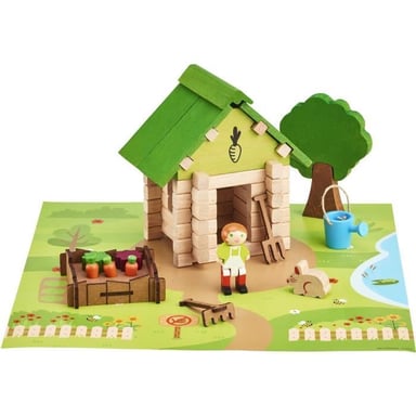 La Cabane du Jardinier 60 Pieces - Jeu de Construction en Bois Naturel, Tapis et Accessoires Inclus, 22x18,5x8,5 cm - Neuf